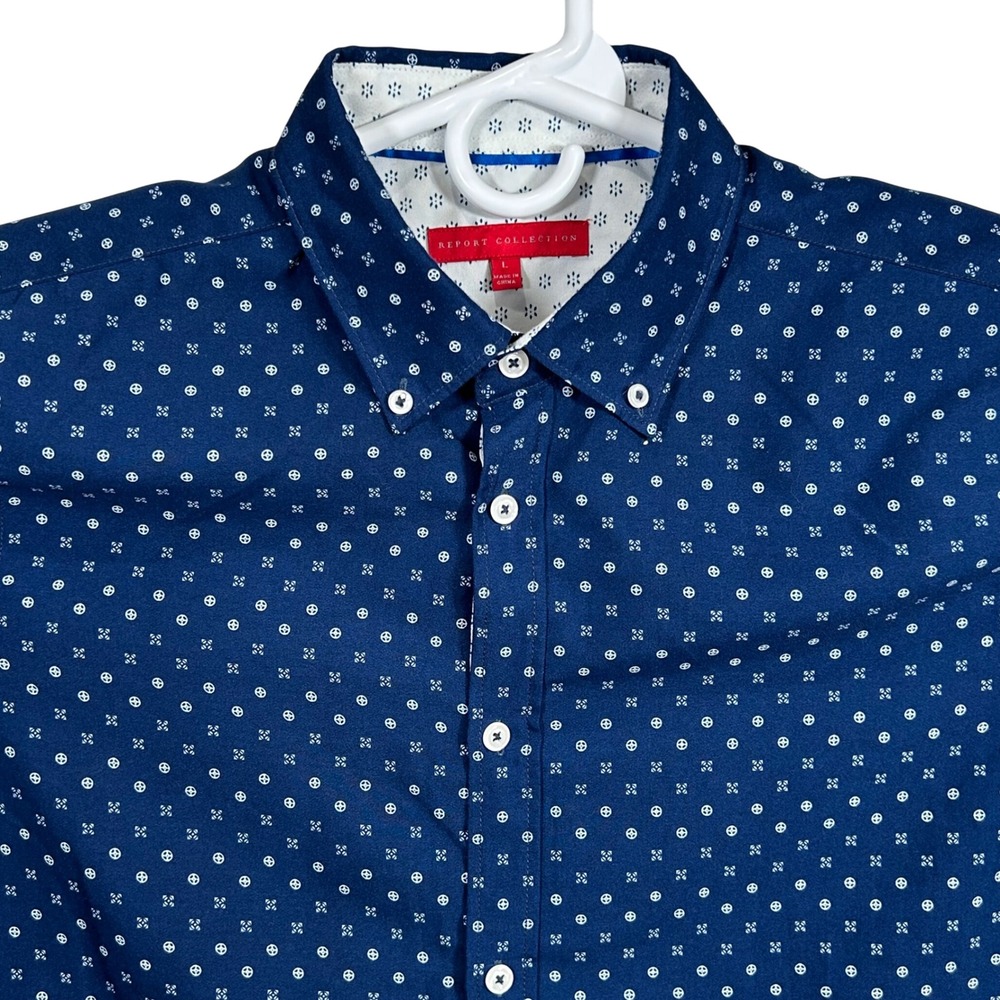 Report Collection Mens‎ Navy Blue Geometric Micro Print Short Sleeve Shirt Large